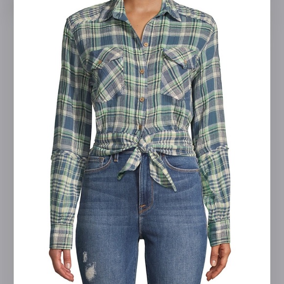 Free People Tops - NWT Free People First Bloom Tie-Front Plaid Shirt